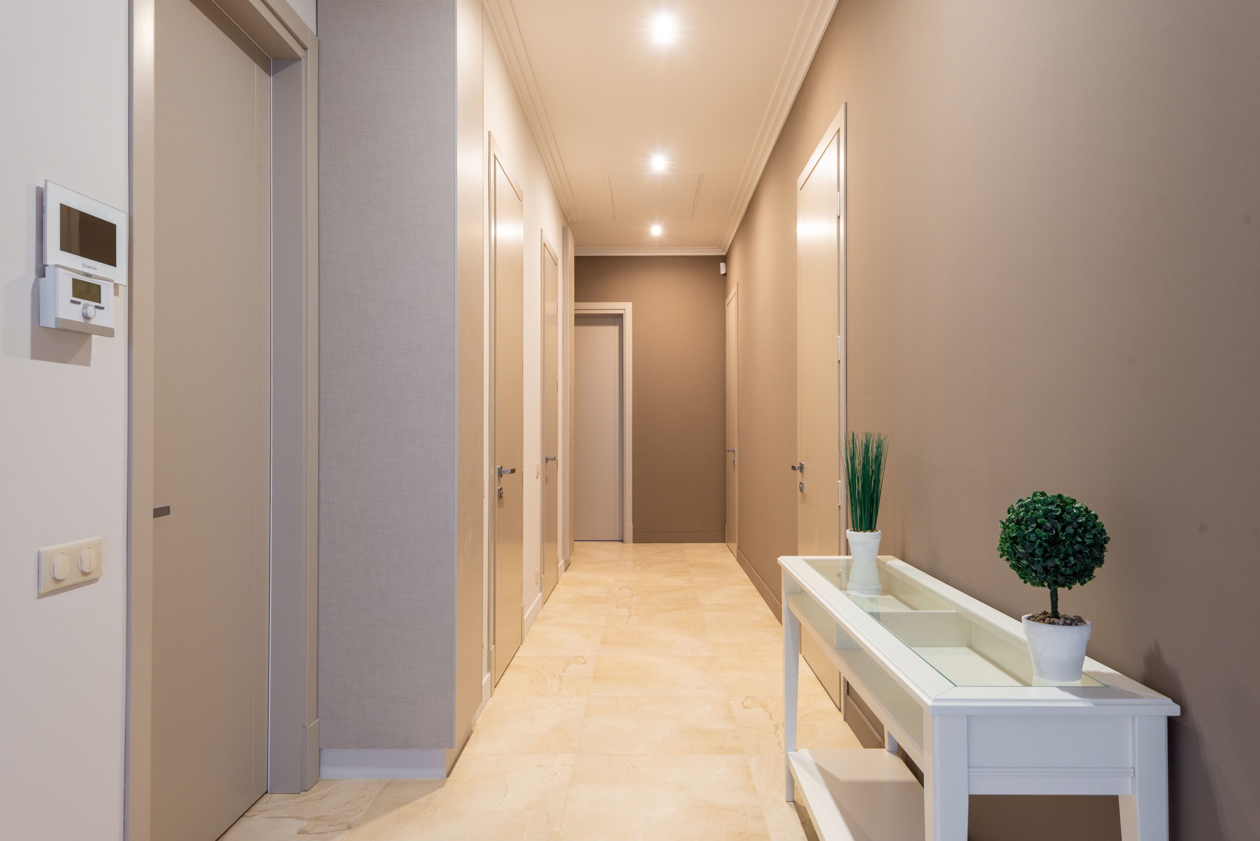 Couloir spacieux immeuble moderne avec plantes blanches